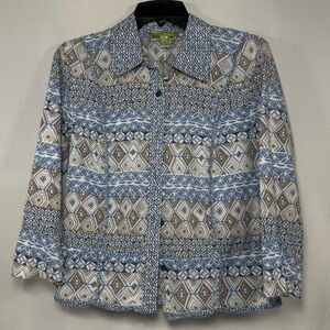 Sigrid Olsen Blue Brown Diamond Geometric Print Cotton Button Down Shirt M